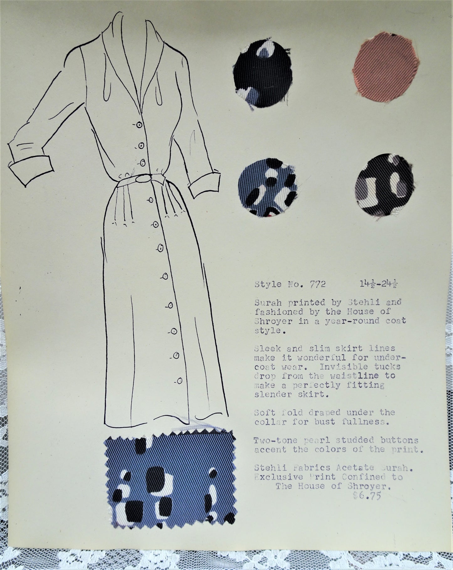 1950s Vintage SALESMAN SAMPLE Dress Sketch Print and Fabric Swatches Perfect To Frame Sewing Room Inspiration For Dress or Fabric Designer,Fashion Interest, Gift