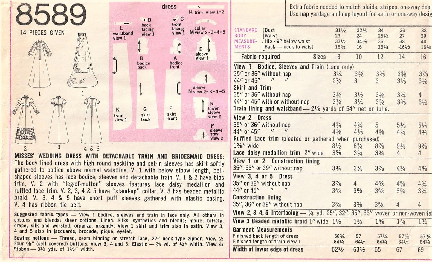 1960s Beautiful Wedding Gown Bridal Dress Pattern SIMPLICITY 8589 FIVE Lovely Romantic Style Versions Empire Waist Detachable Long Train Bust 32 Vintage Sewing Pattern FACTORY FOLDED