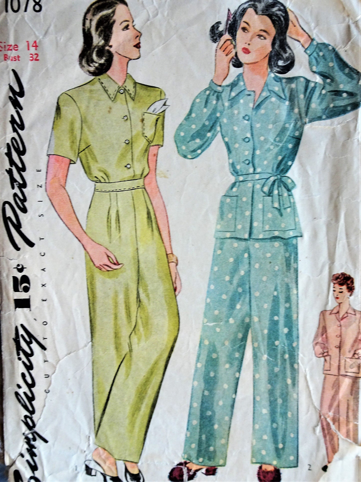 1940s Lounging Pajamas Sleepwear Pattern SIMPLICITY 1078 Classic Pajamas, Wide Leg Trousers,Tuck In or Overblouse, Bust 32 Vintage Sewing Pattern