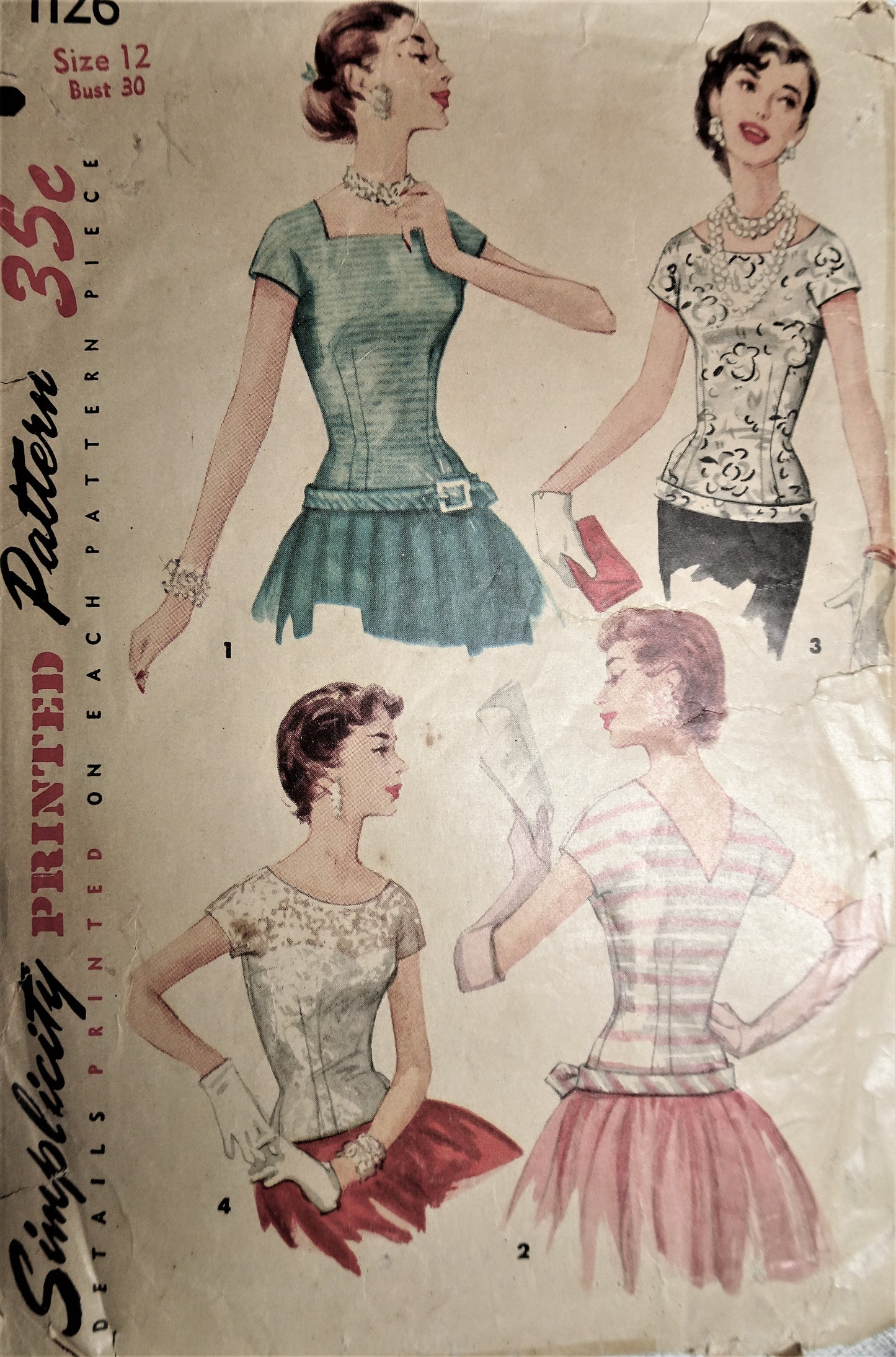 1950s GLAMOROUS Evening Blouses Pattern SIMPLICITY 1126 Four Beautiful Overblouse Versions Bust 30 Vintage Sewing Pattern