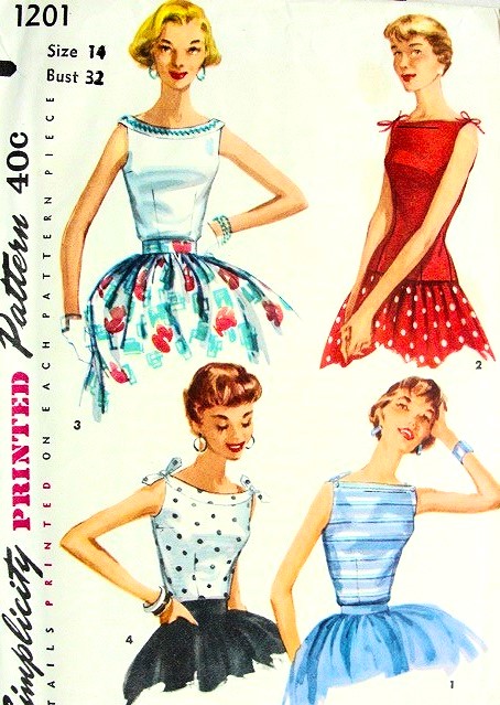 1950s CUTE Blouse and Overblouse Pattern SIMPLICITY 1201 Simple To Make Bateau Neckline, 4 Style Versions Includes Tied at Shoulders Bust 32 Vintage Sewing Pattern