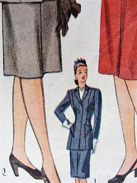 1940s STYLISH Suit Pattern SIMPLICITY 1249 Figure Flattering Jacket With Slim Princess Lines, Slim Skirt Bust 34 Vintage Sewing Pattern