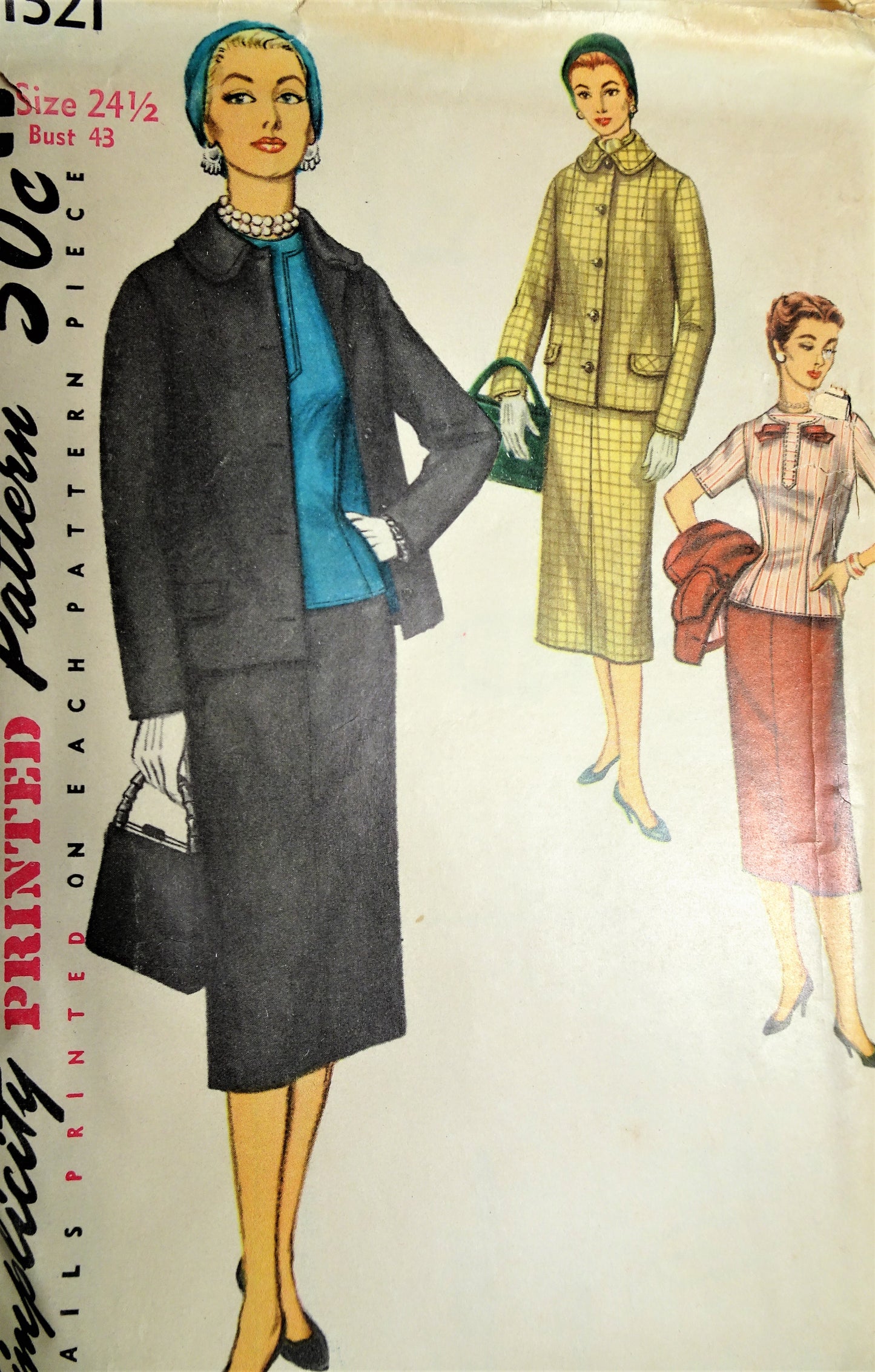 1950s CLASSIC 3 Pc Suit Pattern SIMPLICITY 1321 Boxy Jacket,Slim Skirt and Fitted Over Blouse Bust 43 Vintage Sewing Pattern