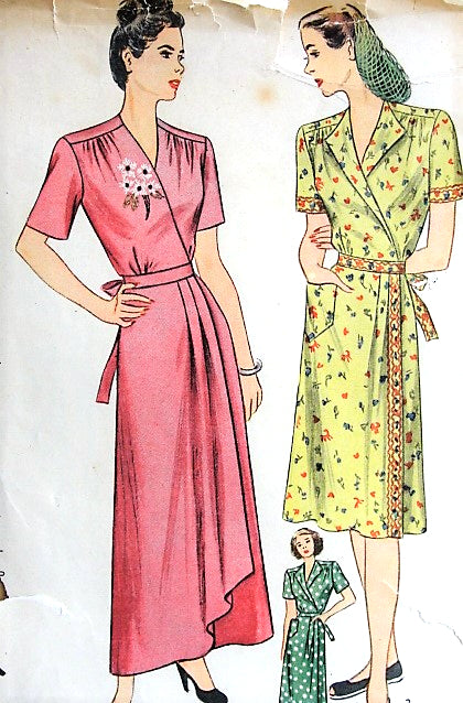 1940s GLAMOROUS Housecoat Hostess Dress and House Dress Pattern SIMPLICITY 1460 Figure Flattering Surplice Bodice, Side Cascade Drape Bust 34 Vintage Sewing Pattern