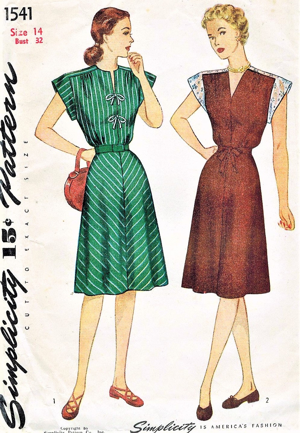 1940s PRETTY Dress Pattern SIMPLICITY 1541 Two Style Versions Cap or 3/4 Sleeves Bust 32 Vintage Sewing Pattern