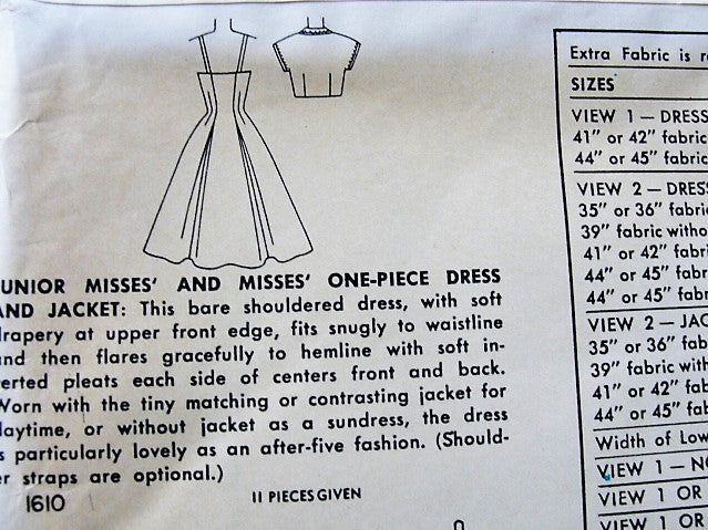 1950s GLAMOROUS Evening Dress and Jacket Pattern SIMPLICITY 1610 Flattering Strapless Draped Bodice Cocktail Party Dress Bust 30 Vintage Sewing Pattern