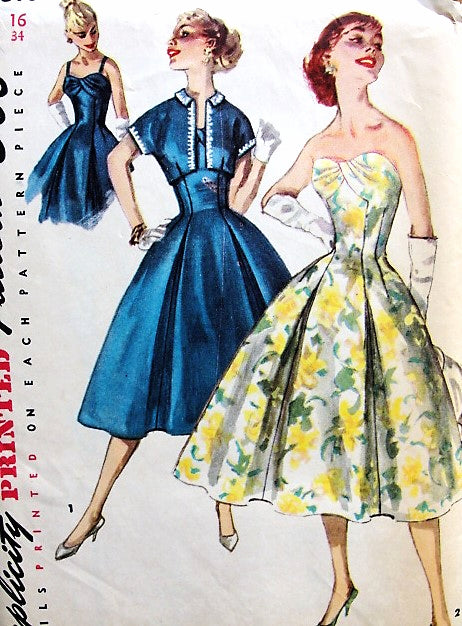 1950s GLAMOROUS Evening Dress and Jacket Pattern SIMPLICITY 1610 Flattering Strapless Draped Bodice Cocktail Party Dress Bust 30 Vintage Sewing