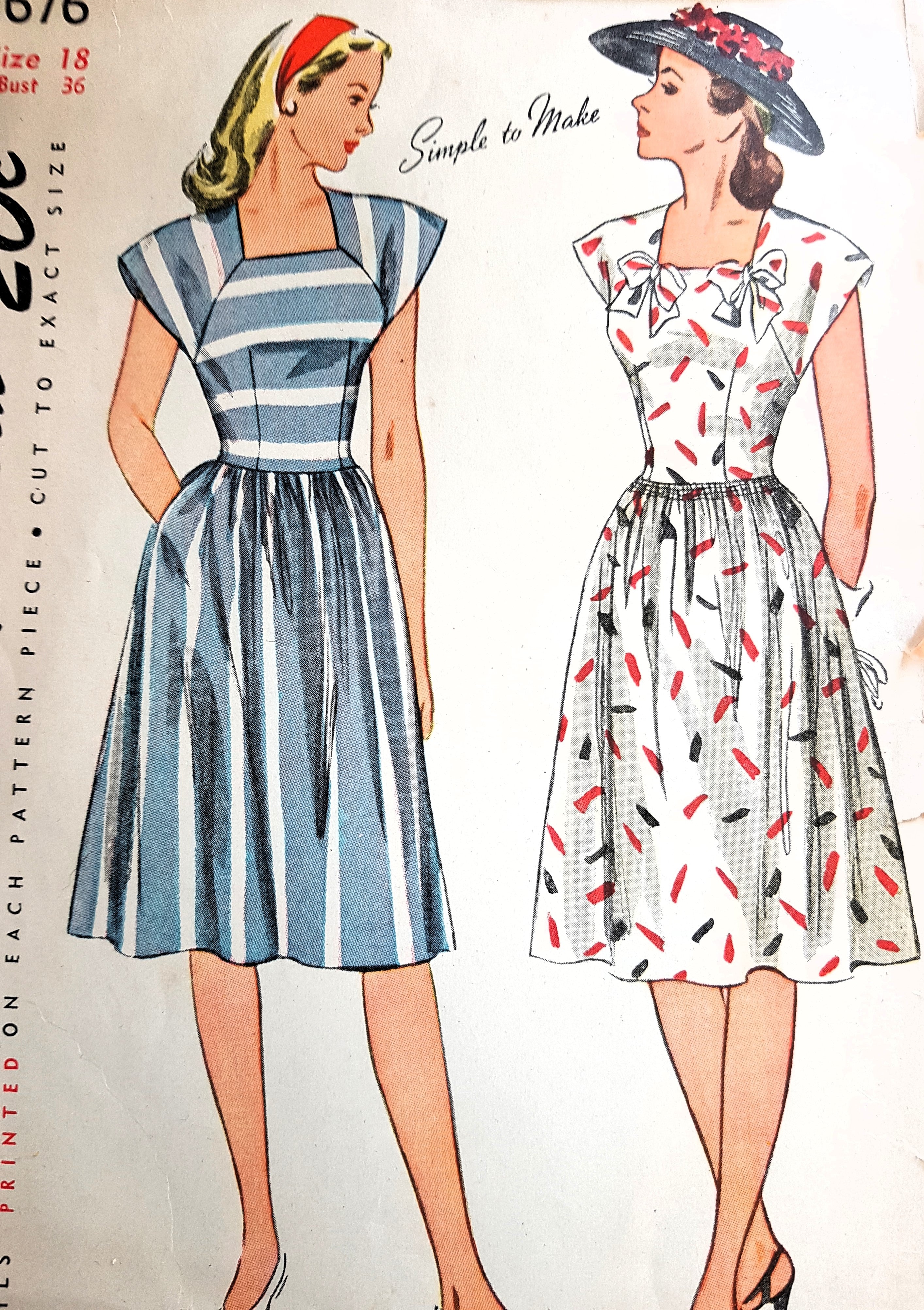 1940s CUTE Summer Dress Pattern SIMPLICITY 1676 Square Neckline Dress