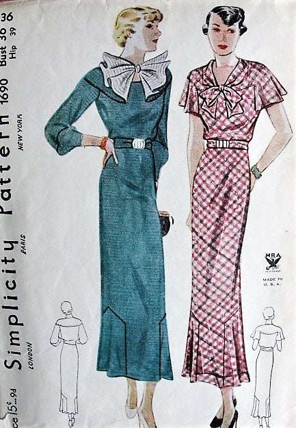 1930s ART DECO Dress Pattern SIMPLICITY 1690 So Bette Davis Big Bows Slim Day or Evening Party Dress Bust 36 Vintage NRA Sewing Pattern