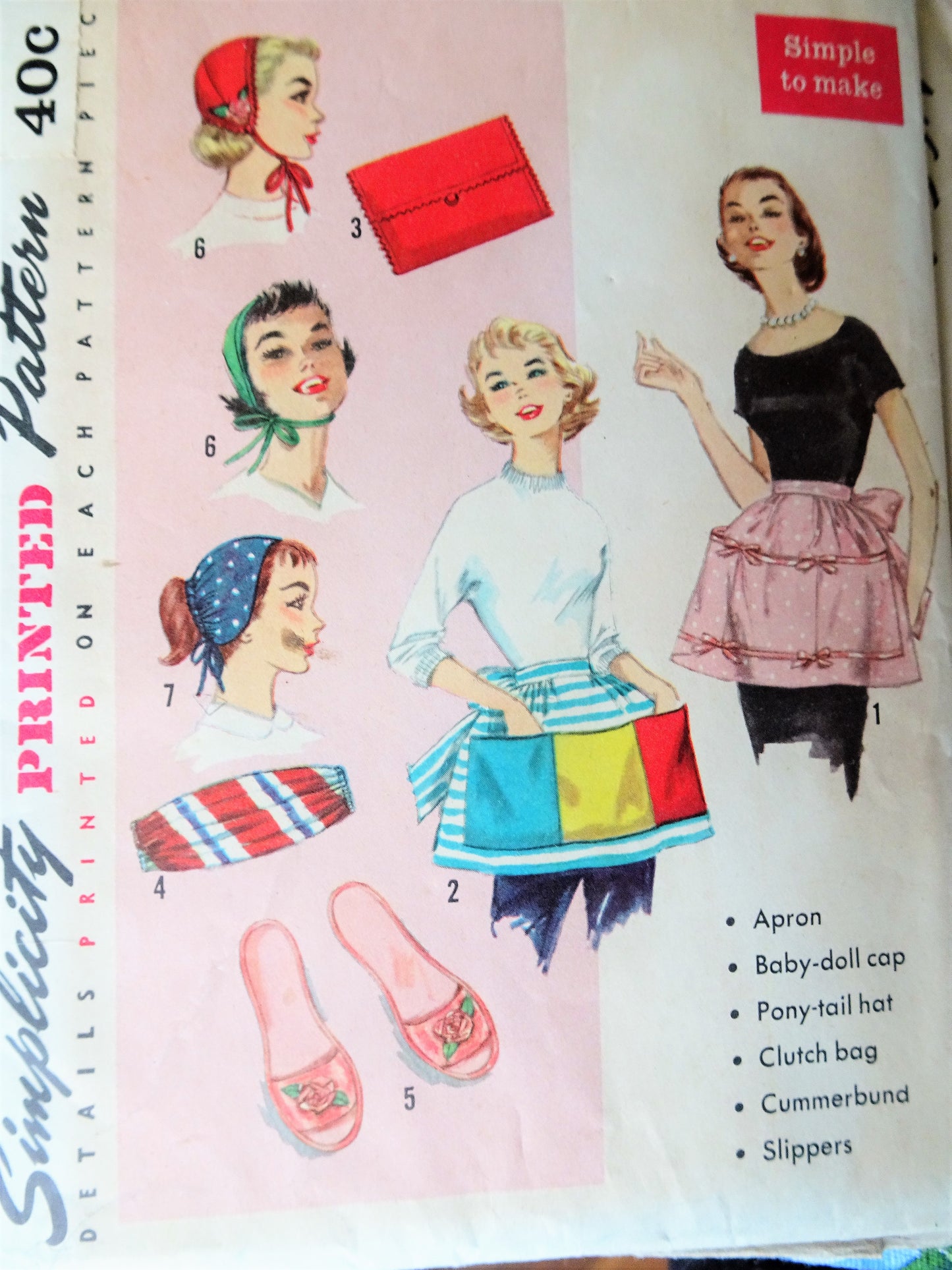 1950s FAB Beginners Apron Pattern SIMPLICITY 1810 Simple To Make Presents: Apron,Hats, Bag, Cummerbund and Slippers Vintage Sewing Pattern