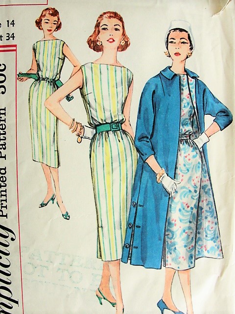 1950s POSH Sheath Dress with Boat Neckline and Coat Vintage SIMPLICITY Pattern 1911 Bust 34