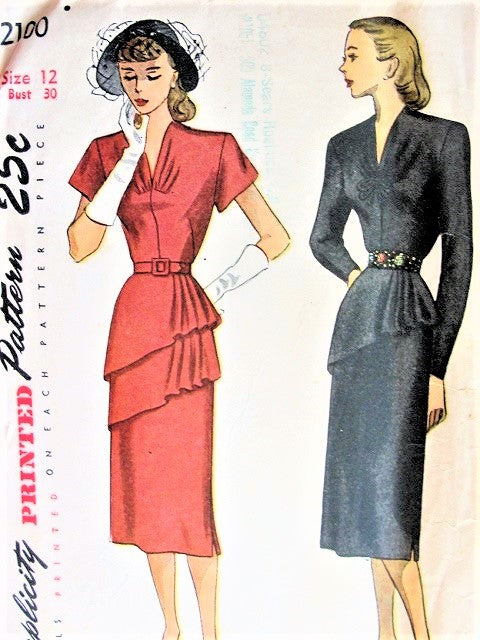 1940s STYLISH Peplum Dress Pattern SIMPLICITY 2100 Beautiful Neckline and Pleated Peplum Styles, Day or Cocktail Evening Party Dress, Bust 30 Vintage Sewing Pattern