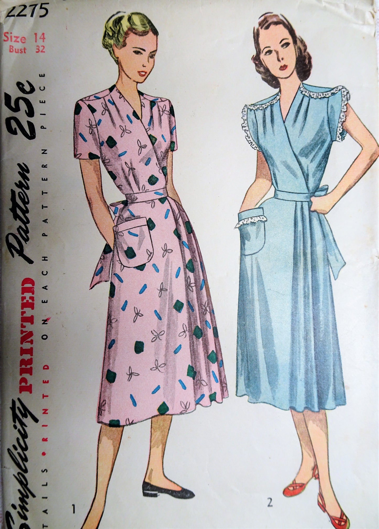 1940s CLASSIC House Dress Pattern SIMPLICITY 2275 Wrap Around Dress 2 Style Versions Bust 32 Vintage Sewing Pattern