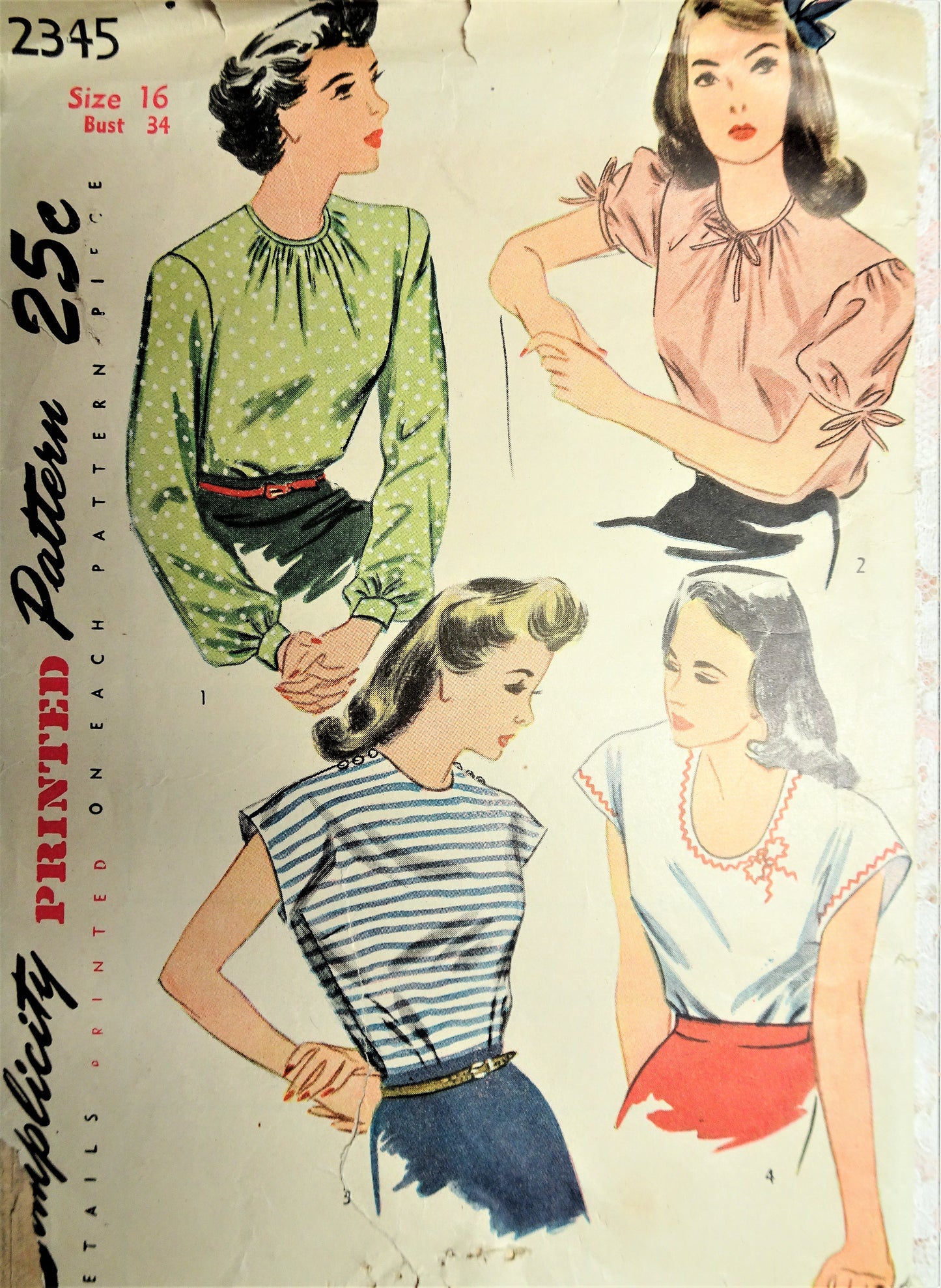 1940s SWING ERA Blouse Pattern SIMPLICITY 2345 Four Pretty Sleeve Trim and Neckline Variations Bust 34 Vintage Sewing Pattern