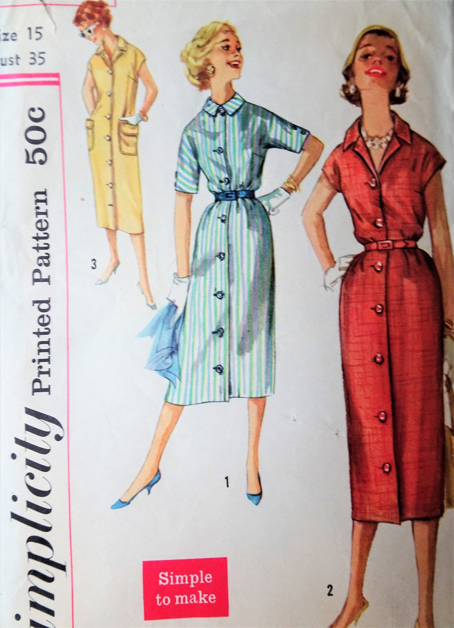 1950s CHEMISE Dress Pattern SIMPLICITY 2399 Classy and Casual Front Button Slim Dress Bust 35 Easy To Sew Vintage Sewing Pattern