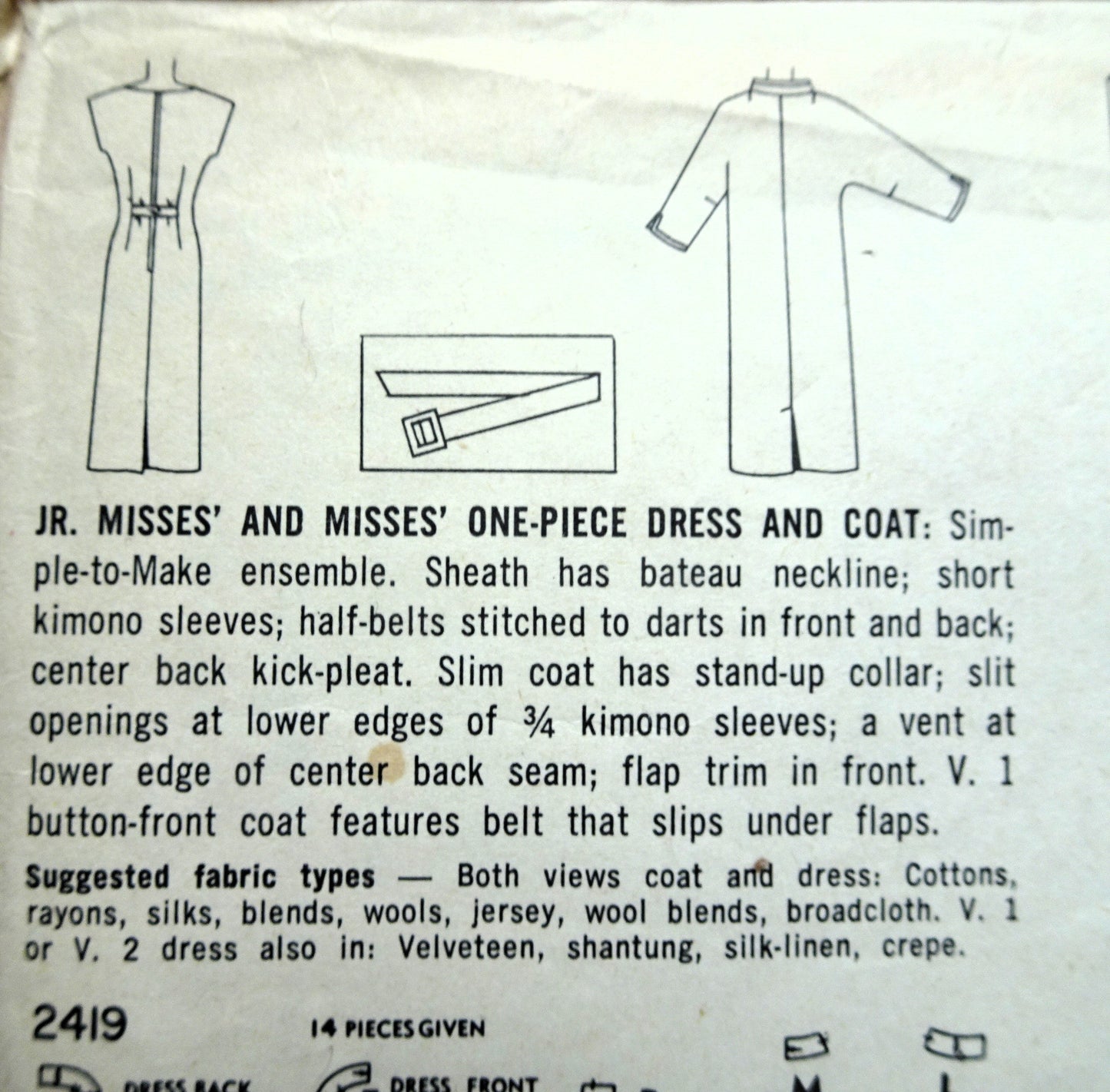 1950s SLEEK Dress and Coat Pattern SIMPLICITY 2419 Stylish Sheath Dress, Classy Slim Coat, Simple To Make Bust 34 Vintage Sewing Pattern