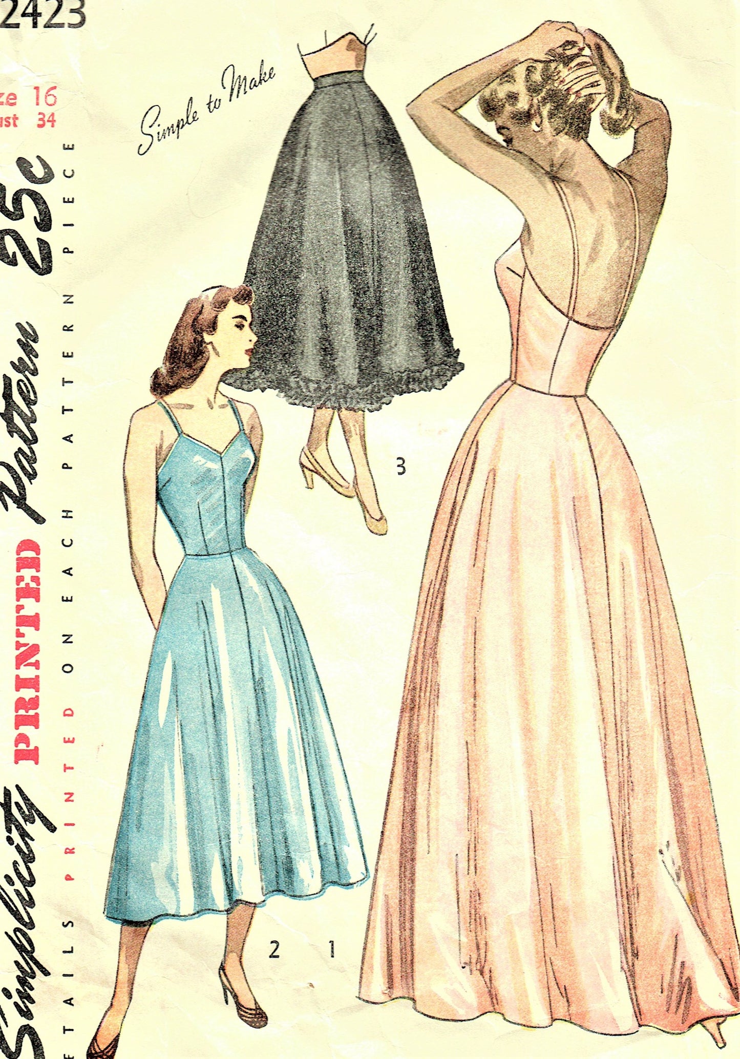 1940s LOVELY Slip Petticoat Lingerie Pattern SIMPLICITY 2423 Simple To Sew Half Slip, Day or Evening Length or Full Slips Bust 34 Vintage Sewing Pattern FF