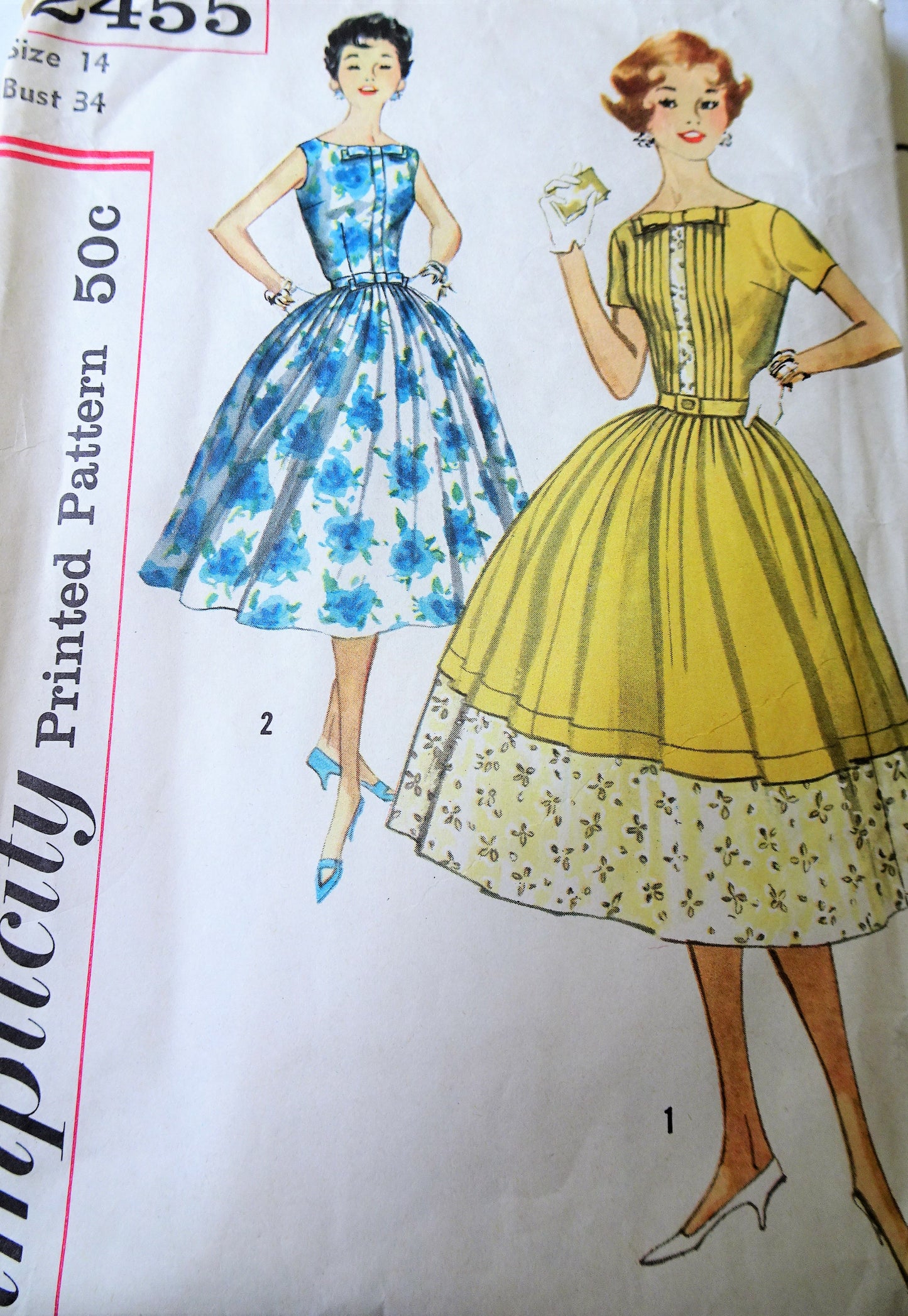 1950s PRETTY Full Skirt Dress Pattern SIMPLICITY 2455 Two Style Versions Bust 34 Vintage Sewing Pattern