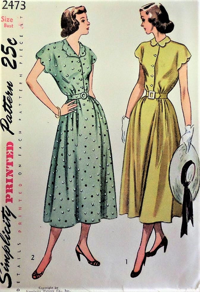 1940s PRETTY Dress Pattern SIMPLICITY 2473 Front Button Dress With Scalloped Trim Bust 34 Vintage Sewing Pattern