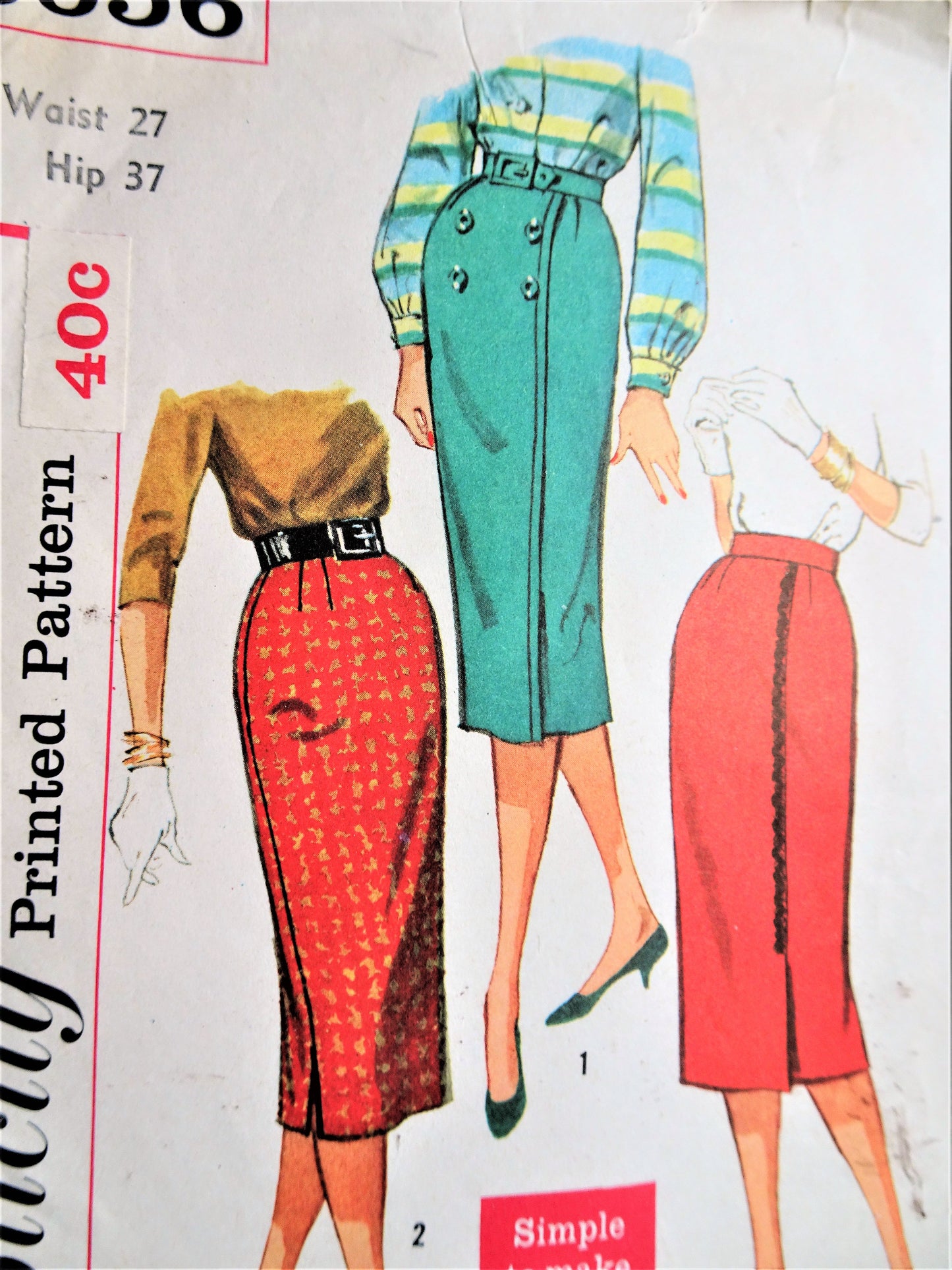 1950s SLEEK Slim Skirts Pattern SIMPLICITY 2656 Three Version Styles, Waist 27,Simple To Make Vintage Sewing Pattern