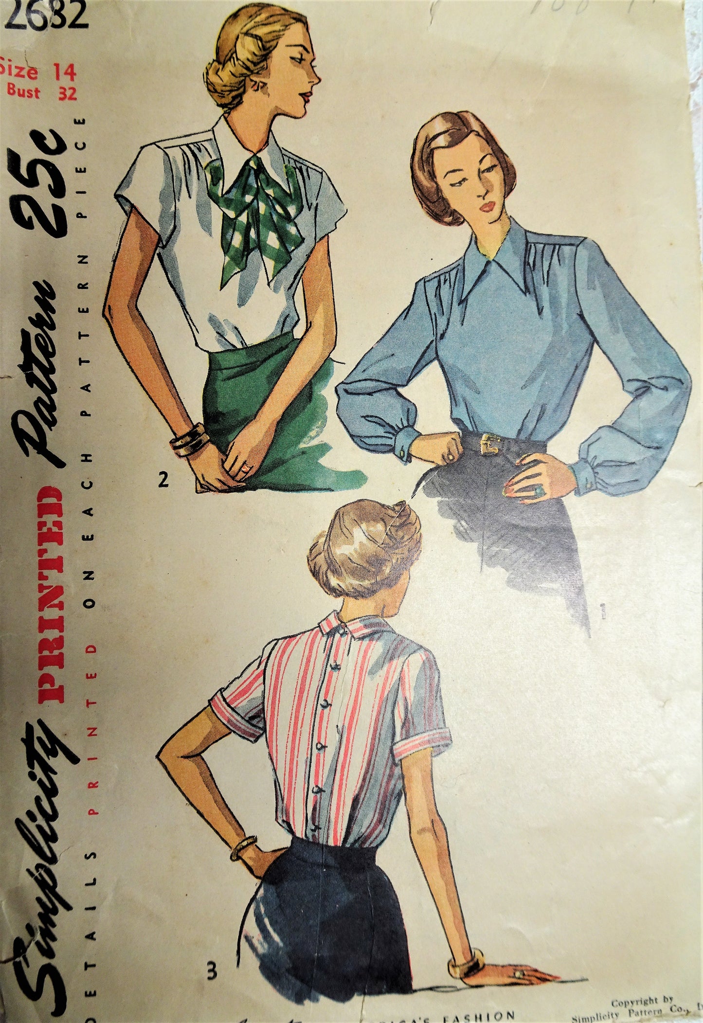 1940s PRETTY Button Back Blouses Pattern SIMPLICITY 2682 Three Versions Bust 32 Vintage Sewing Pattern