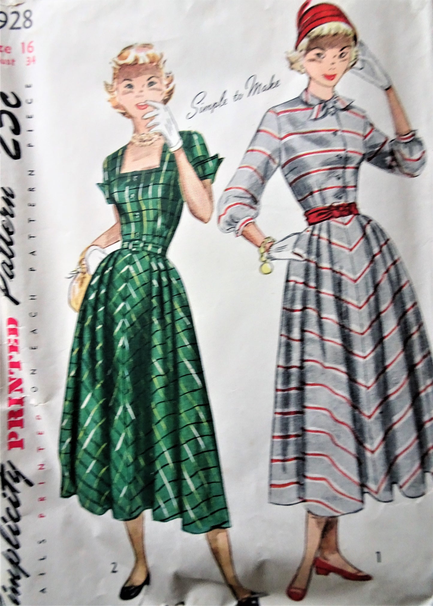 Late 1940s LOVELY Dress Pattern SIMPLICITY 2928 Square Neckline or High Tie Collar, Front Buttoned Bodice, Bust 34, Simple To Make Vintage Sewing Pattern