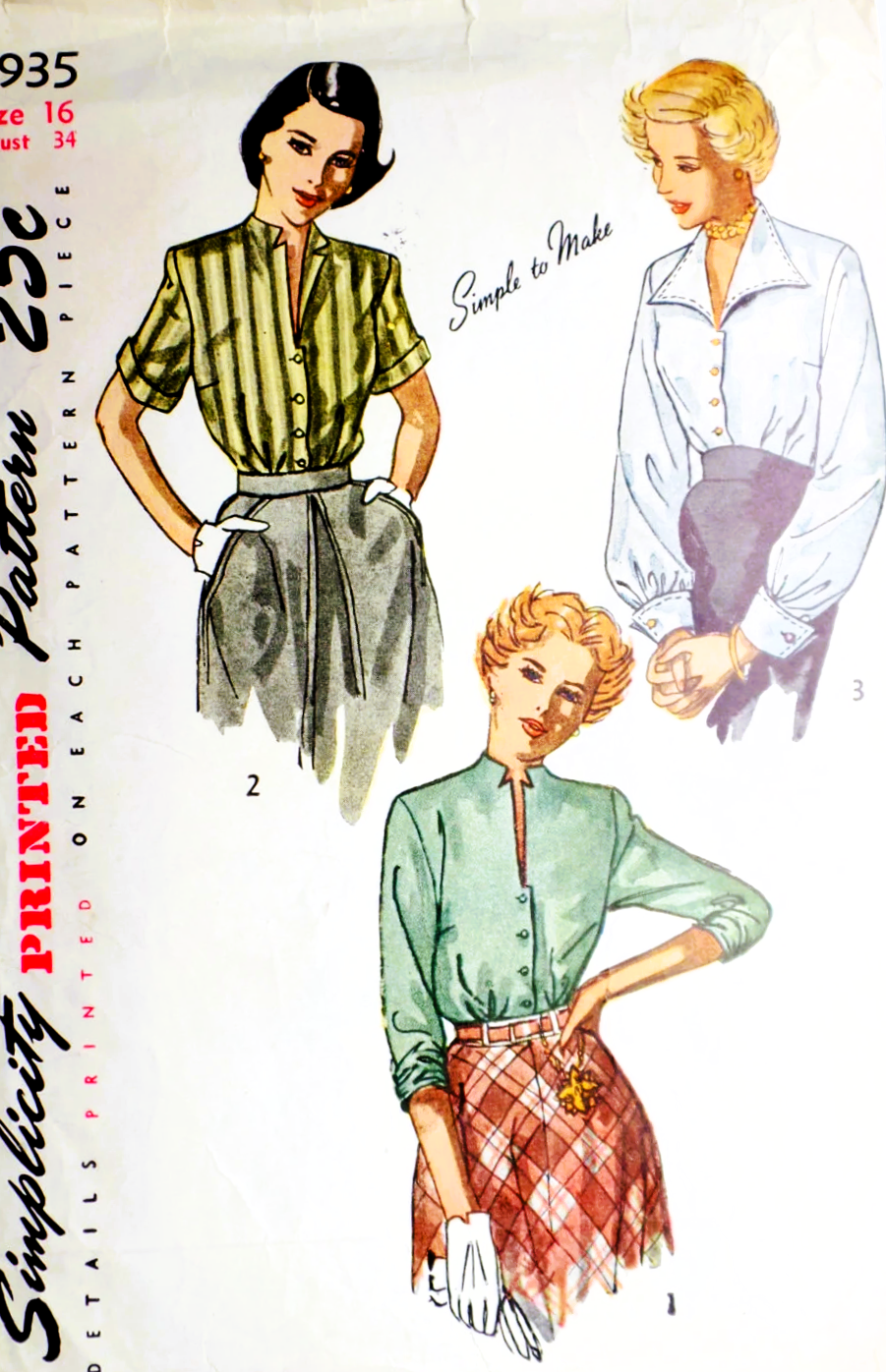Late 1940s BEAUTIFUL Blouses Simple To Make Pattern SIMPLICITY 2935 Three Lovely Styles, Notched Neckline Version, Bust 34 Vintage Sewing Pattern