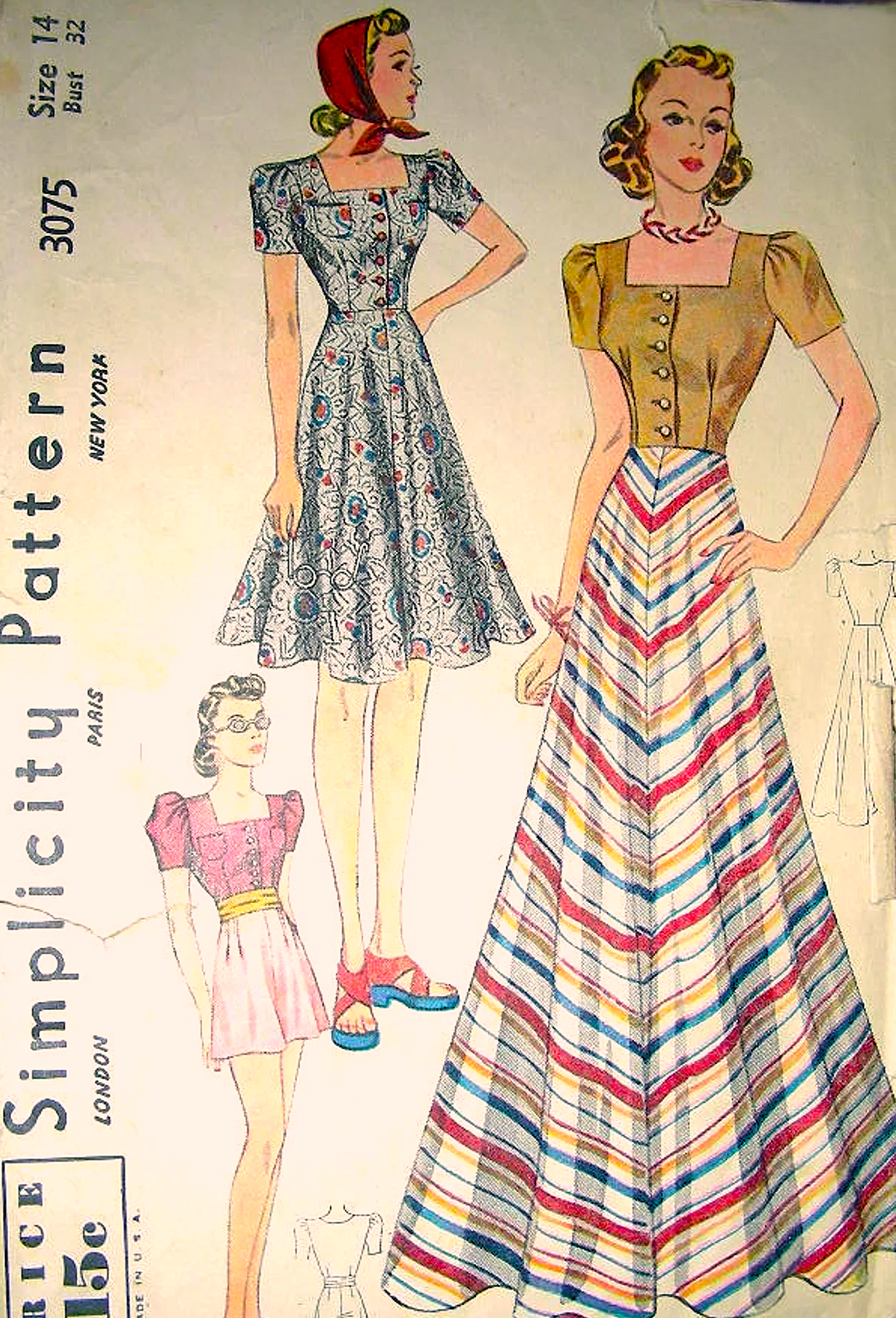 FABULOUS Late 1930s Bodice, Shorts and Evening Length Skirt Pattern SIMPLICITY 3075 Flattering Sq Neckline, Puff Sleeves Top, High Waist Shorts, Flared Skirt, Bust 32 Vintage Sewing Pattern