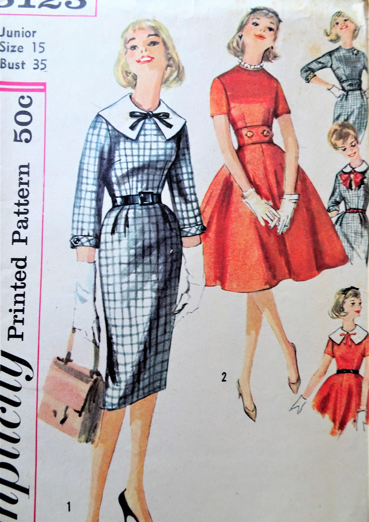 1950s CUTE Dress Slim or Full Skirt Pattern SIMPLICITY 3123 Basic Dress With 2 Skirts, Detachable Collars and A Belt, Bust 35 Vintage Sewing Pattern