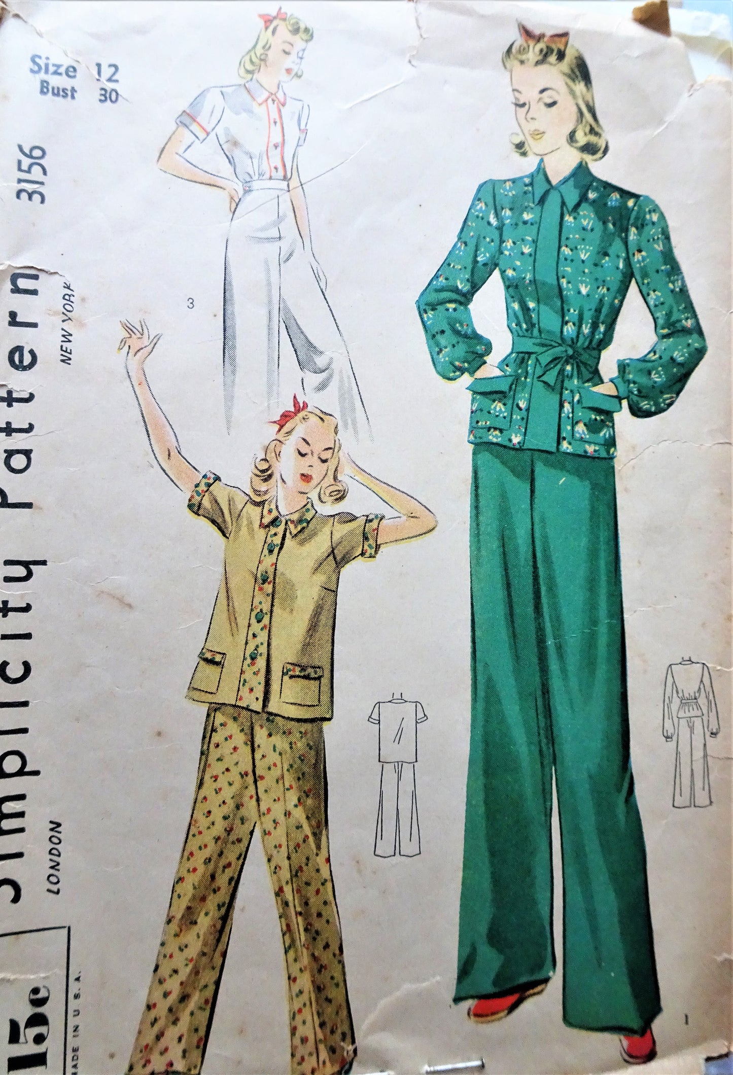 1930s FABULOUS Pajamas Pattern SIMPLICITY 3156 Figure Flattering High Waist Pants Bust 30 Vintage Sewing Pattern
