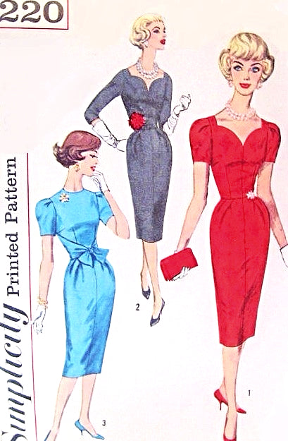 1950s Stunning SWEETHEART Neckline Cocktail Party Dress Pattern SIMPLICITY 3220 Slim Wiggle Dress 3 Style Versions Bust 32 Vintage Sewing Pattern FACTORY FOLDED