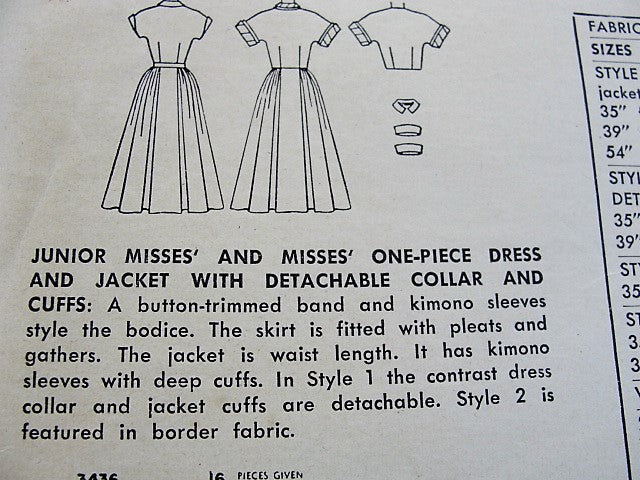 1950s FAB Rockabilly Full Skirt Dress, Jacket and Detachable Collar n Cuffs Pattern SIMPLICITY 3436 Bust 32 Vintage Sewing Pattern FACTORY FOLDED
