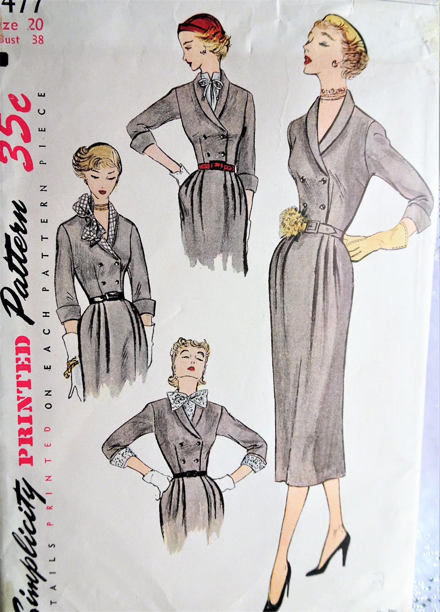 1950s Vintage ELEGANT V-Neck Dress with Detachable Bow Collar, Cuffs, Accessories Simplicity 3477 Sewing Pattern Bust 38