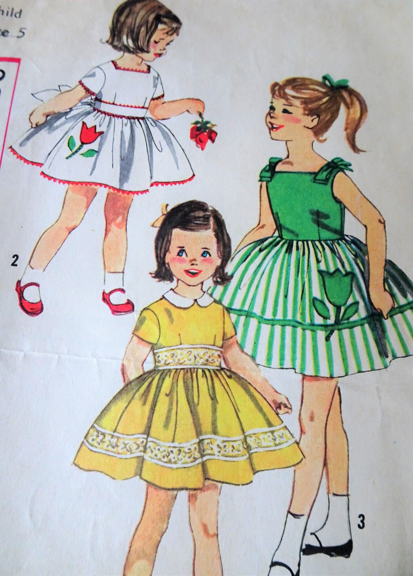 1950s Little Girls Dress and Applique Pattern SIMPLICITY 3531 Three Pretty Styles Plus Tulip Flower Applique Transfer, Childrens Size 5 Vintage Sewing Pattern