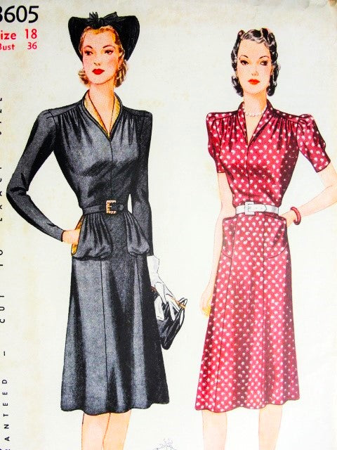 1940s STYLISH Dress Pattern SIMPLICITY 3605 Vintage Sewing Pattern Shawl Collar Pouch Pockets Day or Evening Bust 36 Pattern FACTORY FOLDED