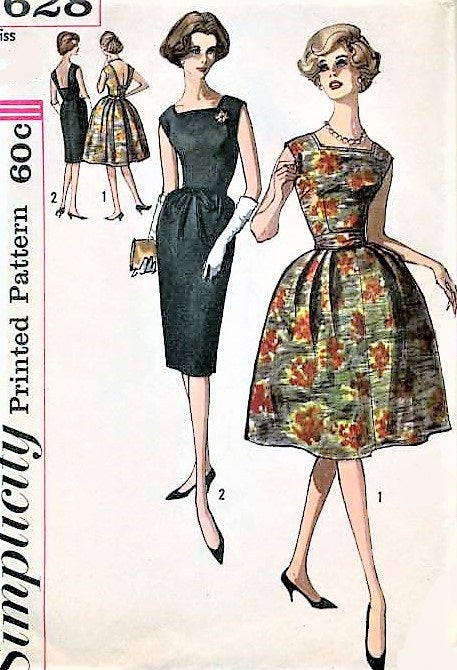 1960s LOVELY Slim or Full Skirt Cocktail Party Evening Dress Pattern SIMPLICITY 3628 Low Back Perfect Little Black Dress Bust 35 Vintage Sewing Pattern