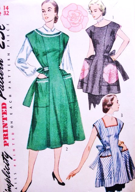 1950s CLASSIC House Dress and Aprons Pattern SIMPLICITY 3717 Button Back Dress Large Pockets, 3 Styles, + Applique Transfer Bust 32 Vintage Sewing Pattern FACTORY FOLDED