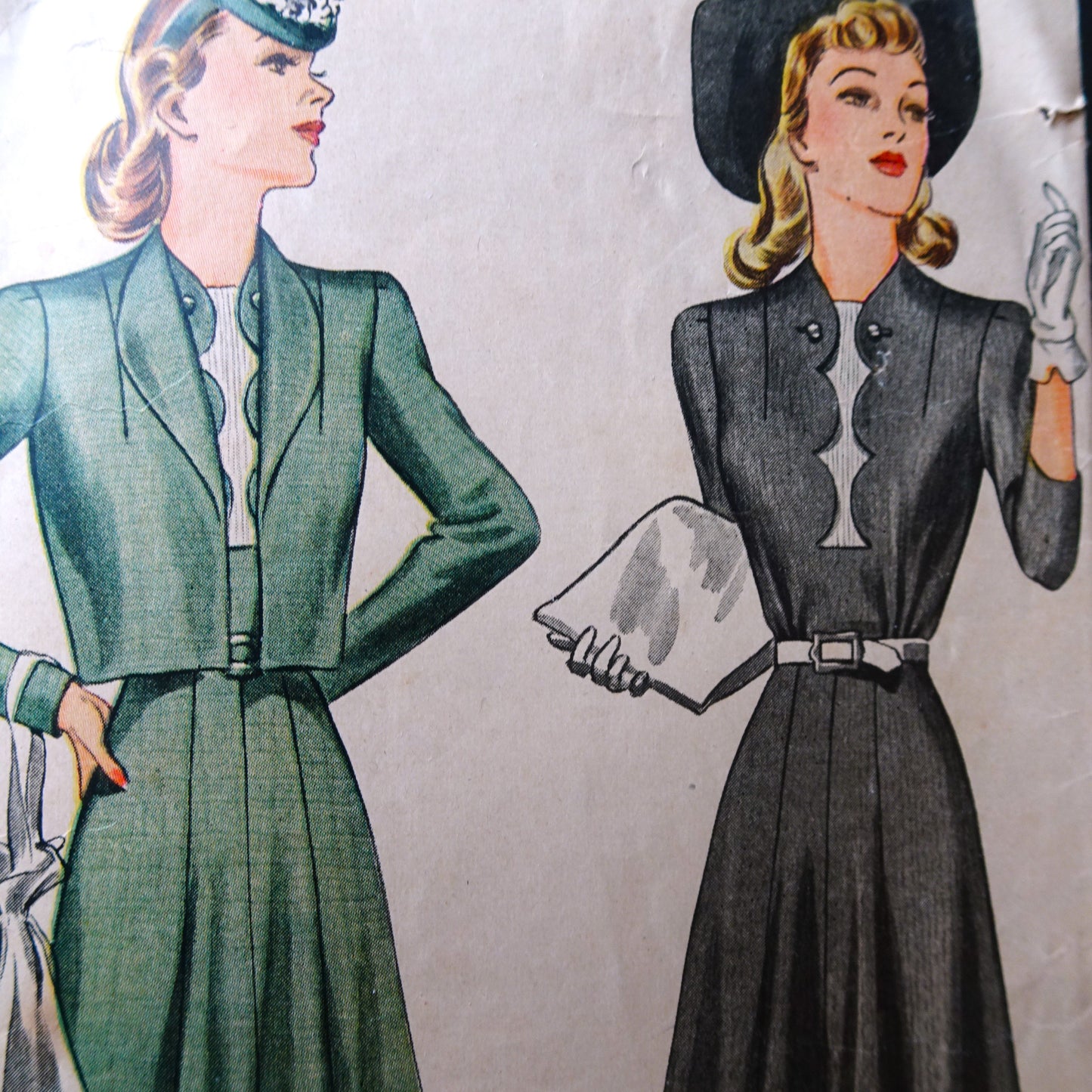 Early 1940s STYLISH Dress and Jacket Pattern SIMPLICITY 3853 Lovely Scalloped Detailed Front, Flattering Design Bust 38 Vintage Sewing Pattern