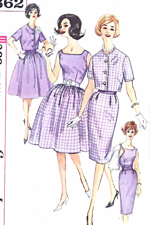 1960s Slim or Full Skirt 2 Pc Dress With Shortie Jacket Pattern Simplicity 3862 Includes Cummerbund Early Sixties Mad Men Era Bust 32 Vintage Sewing Pattern