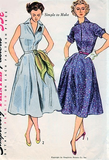 1950s STYLISH Easy To Make Dress Pattern SIMPLICITY 3876 Two Style Versions Bust 34 Vintage Sewing Pattern