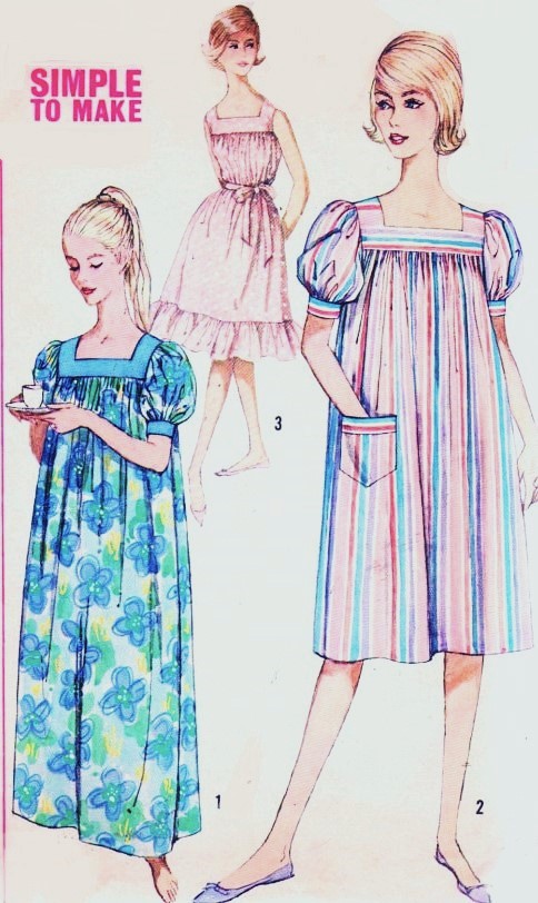 1960s CUTE Muu Muu house Dress or Nightgown Pattern SIMPLICITY 3902 Three Pretty Versions, Bust 34-36 Simple To Make Vintage Sewing Pattern