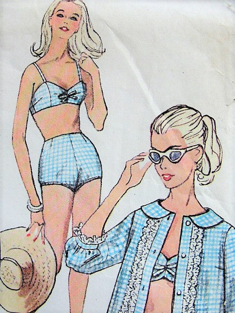 Early 60s CUTE Beach Wear Pattern SIMPLICITY 3960 High Waist 2 Pc Bathing Suit, Gidget Style, Beach Coat Cover Up, Slim Front Button Dress, Bust 32 Vintage Sewing Pattern