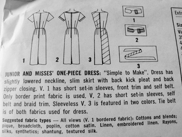 1960s Slim Dress Pattern SIMPLICITY 3970 Simple To Make 3 Style Versions Bust 31.5 Vintage Sewing Pattern