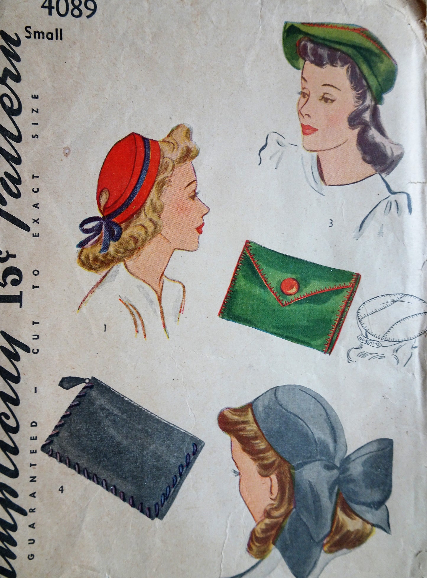 1940s PILLBOX HATS Accessory Set Pattern SIMPLICITY 4089 Three Hat Styles and Purses, WWII Vintage Sewing Pattern