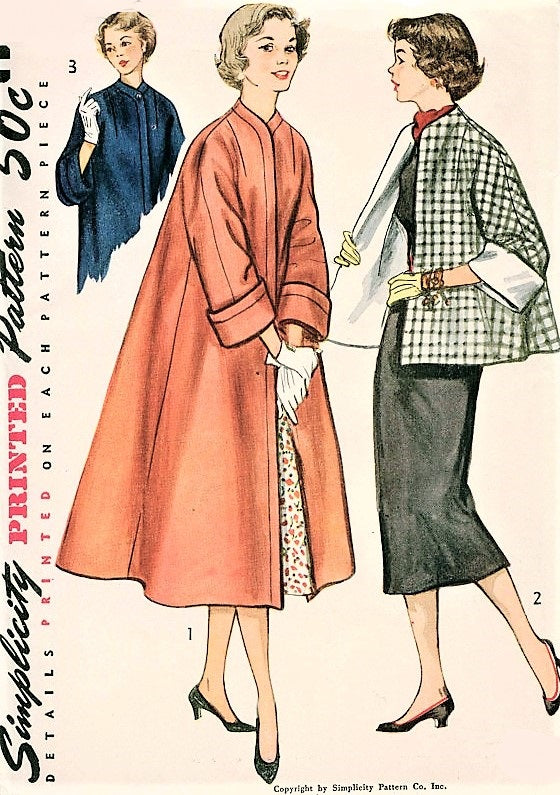 1950s CLASSY Swing Coat or Jacket Pattern SIMPLICITY 4191 Lovely Design, Wide Cuff Coat or Topper Bust 30 Vintage Sewing Pattern FF