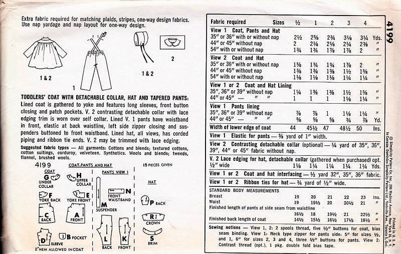 1960 CUTE Toddlers Coat with Detachable Collar, Hat and Tapered Pants Pattern SIMPLICITY 4199 Sweet Style Size 2 Vintage Sewing Pattern UNCUT