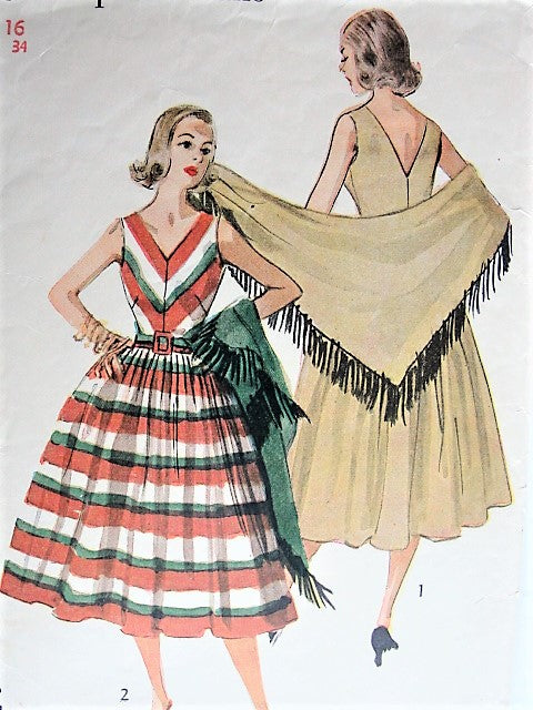 Vintage 1950s LOVELY V Neckline Dress with Stole Simplicity 4287 Sewing Pattern Bust 34