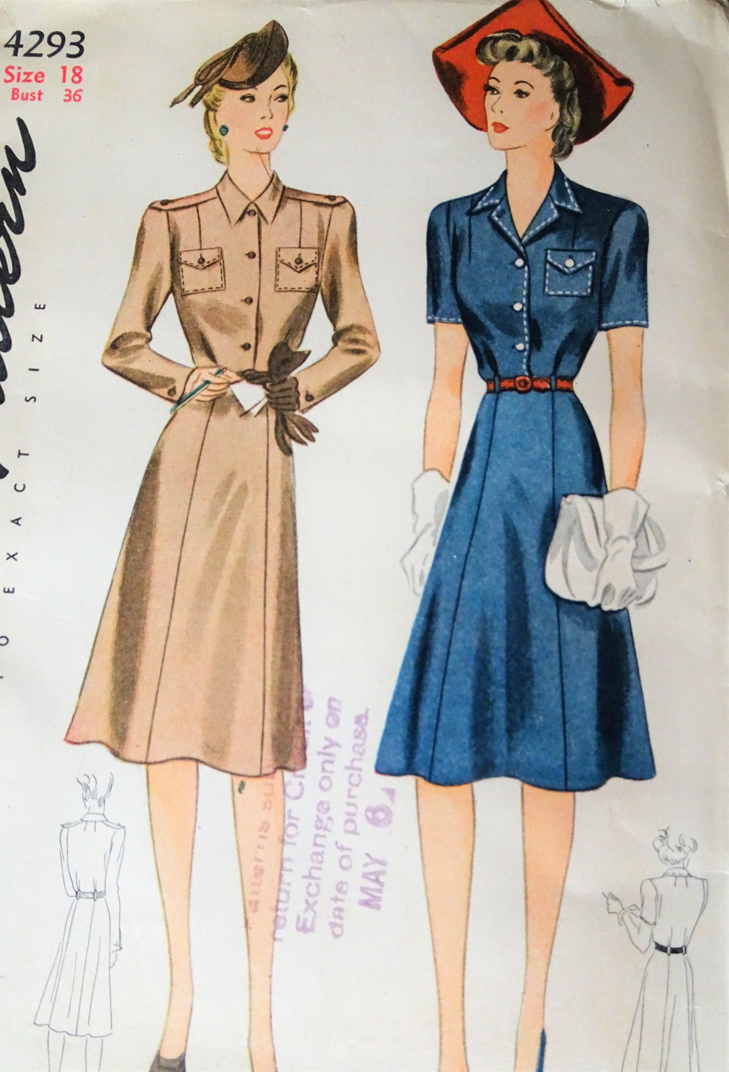 1940s STYLISH WW II Dress Pattern SIMPLICITY 4293 Two Great Uniform Styles, includes Epoulets Version, Bust 36 Vintage Sewing Pattern FACTORY FOLDED