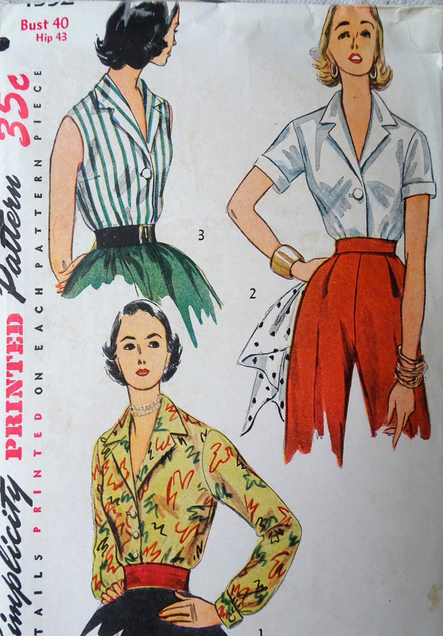 1950s LOVELY Blouse Pattern SIMPLICITY 4352 Three Wonderful Versions, Bust 40 Vintage Sewing Pattern