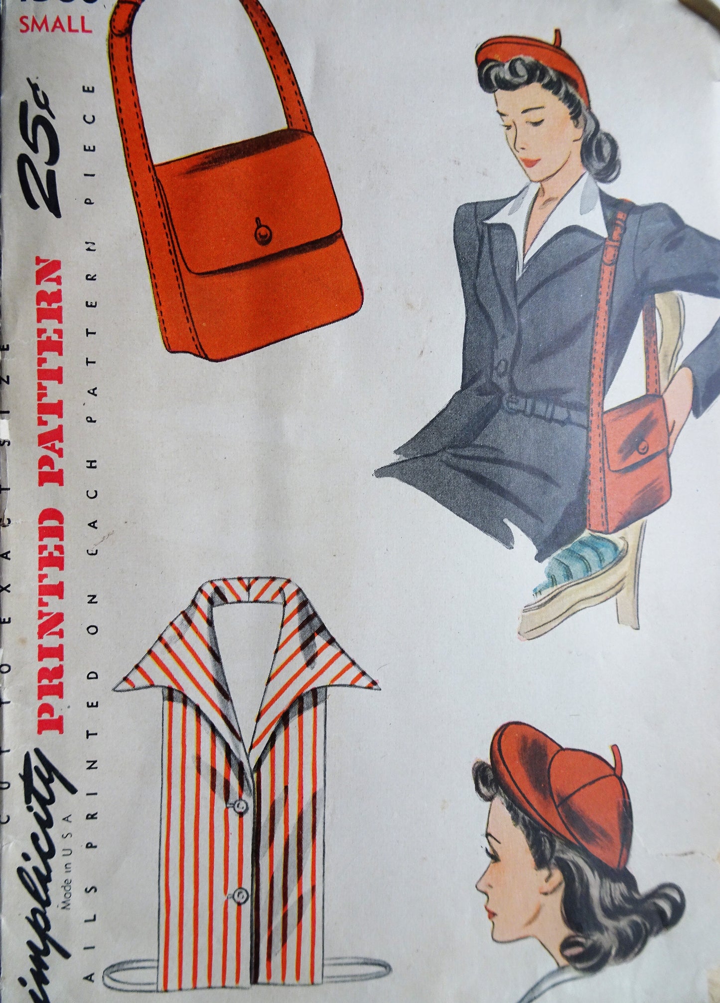 1940s FABULOUS WW II Accessory Set Pattern SIMPLICITY 4360 Hat, Purse and Dickey, Wonderful 40s Styles, Vintage Sewing Pattern